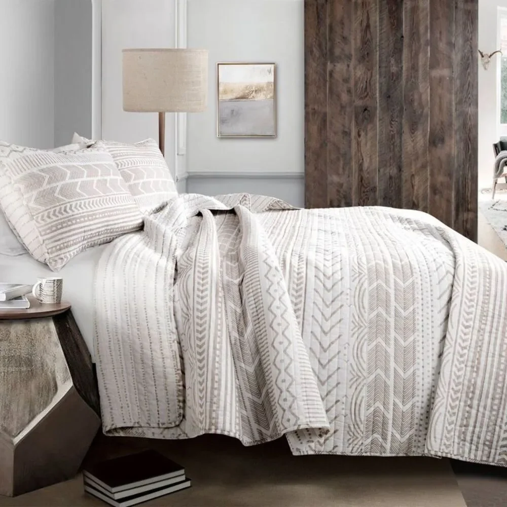 Lush Decor - Lush Décor 3pc King Hygge Geo Reversible Cotton Qu Taupe/White